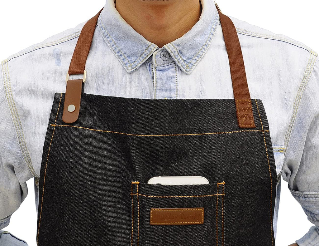 Black Kitchen Apron with Pockets & Towel Loop for Men Women, Denim | Professional for Chef Cooking BBQ Grill Gardening