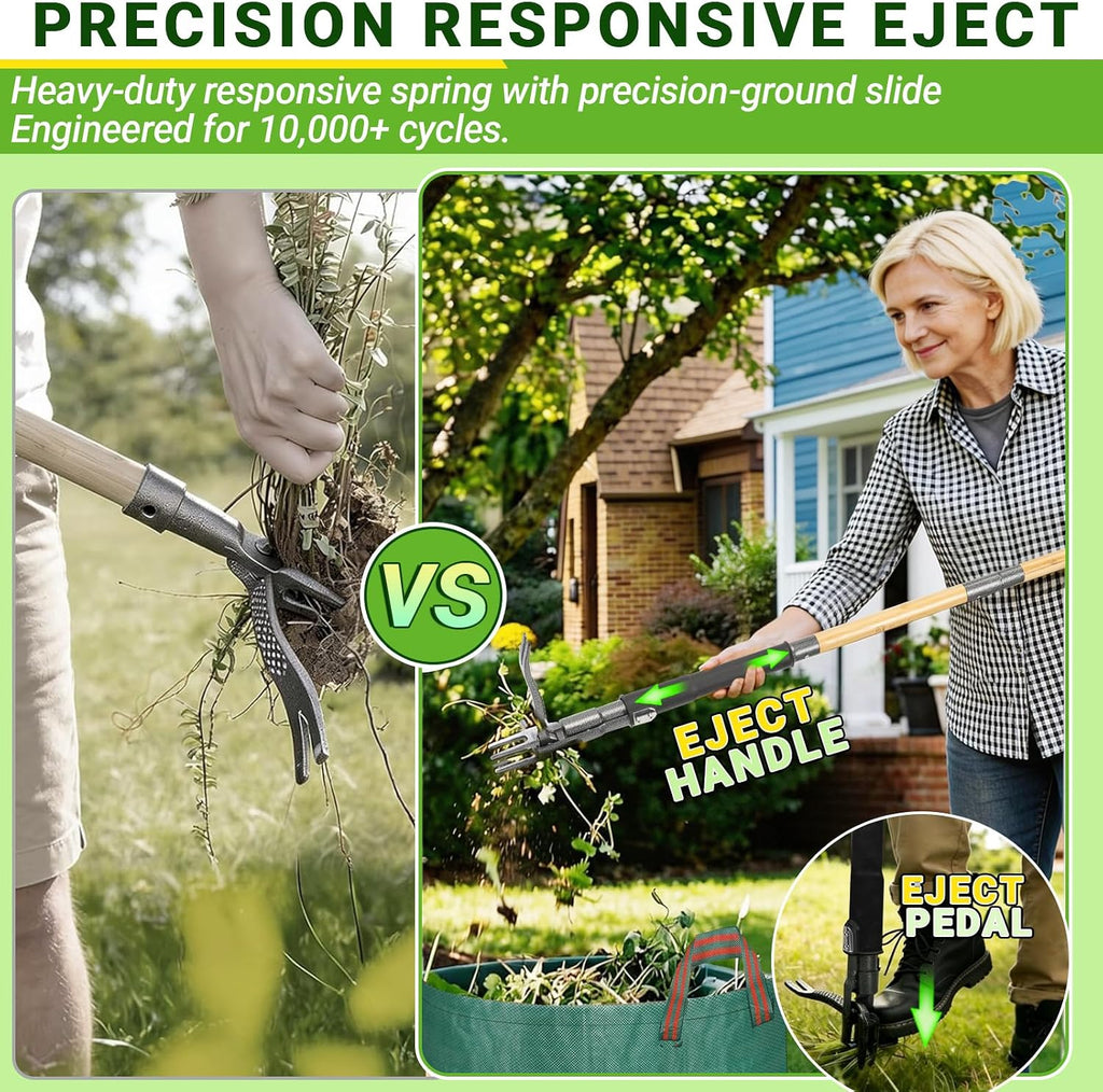 Weed Puller Tool for Garden Lawn Yard, 57.5" | Includes 16 Gallon Leaf Bag, Dual-Eject Mechanism, 4-Claw Steel Head