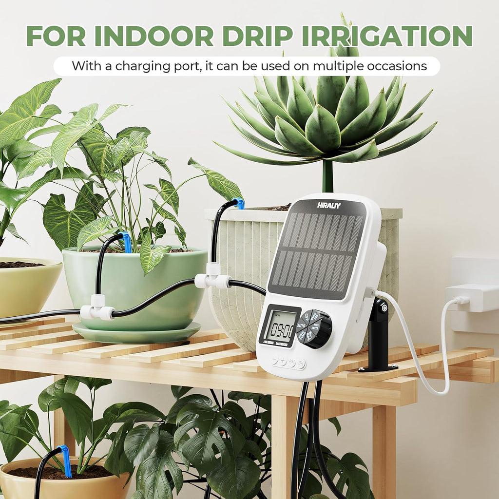 HIRALIY Solar Drip Irrigation System with Timer, Automatic Plant Watering | USB Backup, 12 Drip Emitter Stakes, 40FT