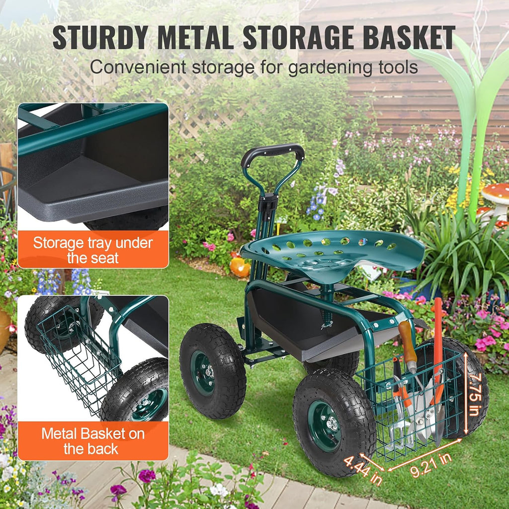 VEVOR Garden Cart Rolling Workseat with Wheels, Gardening Stool for Planting, 360 Degree Swivel Seat, Wagon Scooter