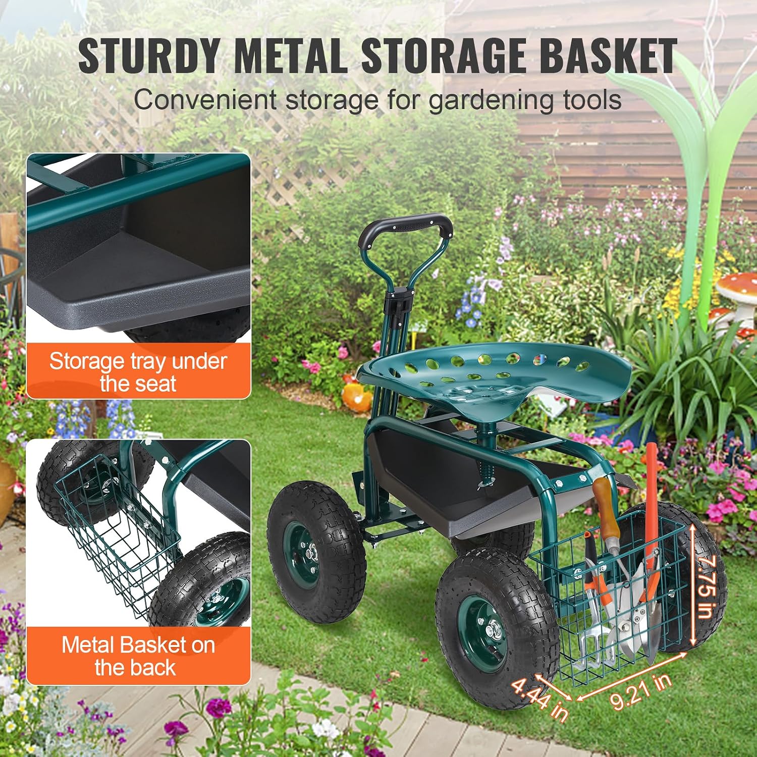 VEVOR Garden Cart Rolling Workseat with Wheels, Gardening Stool for Planting, 360 Degree Swivel Seat, Wagon Scooter