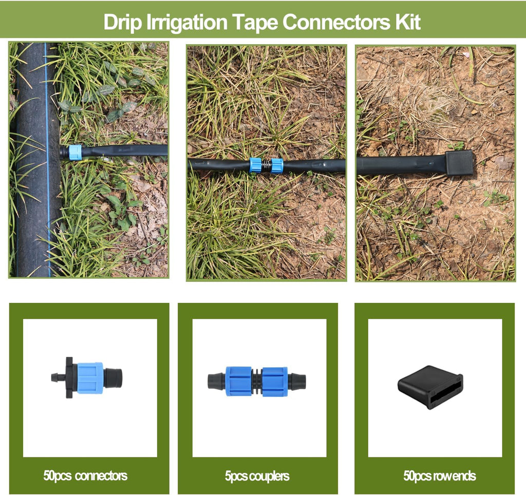 105PCS 5/8" Drip Irrigation Tape Connector Fitting Kit Include 50PCS Connectors,50PCS Tape Row Ends,5PCS Irrigation