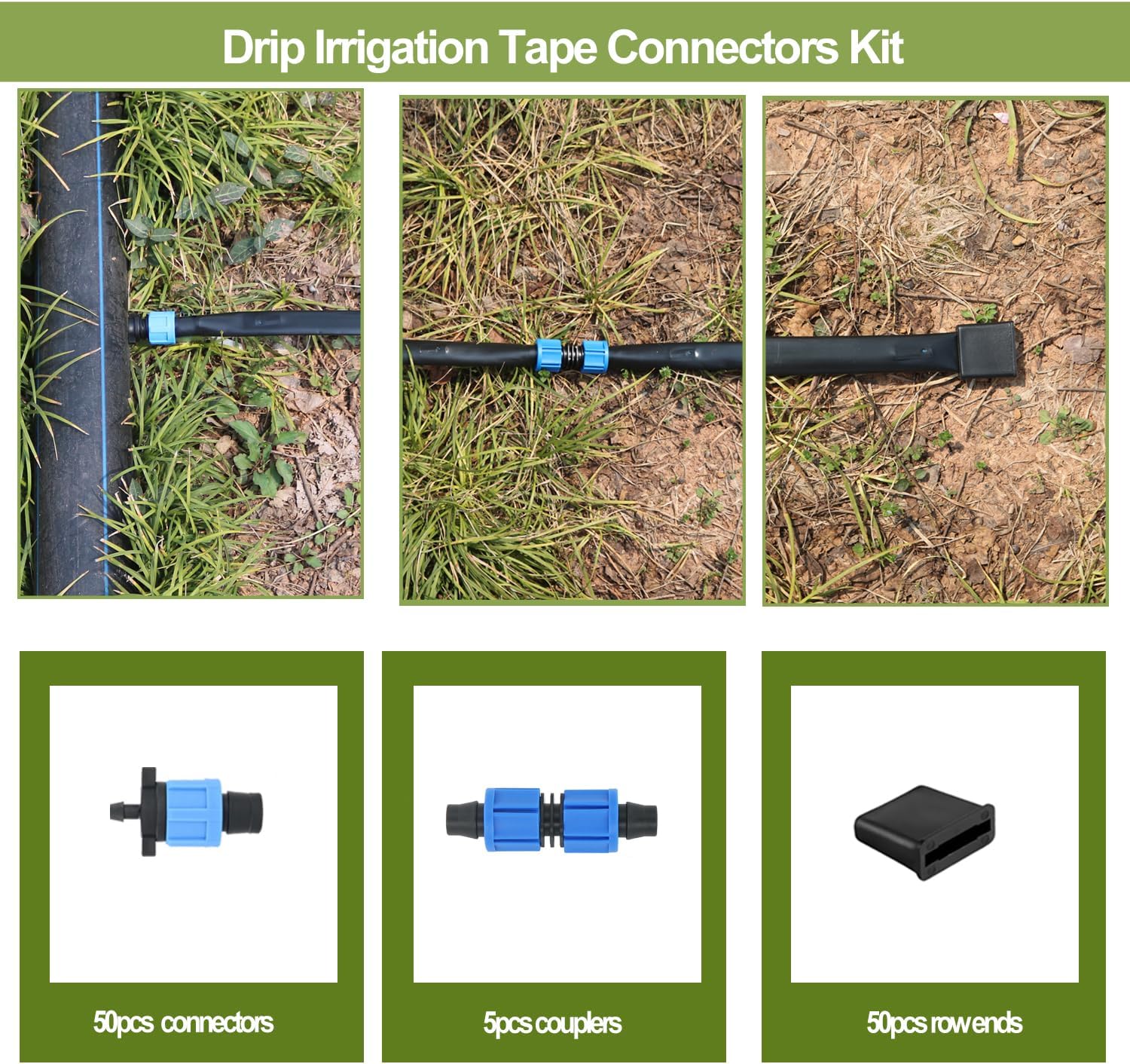 105PCS 5/8" Drip Irrigation Tape Connector Fitting Kit Include 50PCS Connectors,50PCS Tape Row Ends,5PCS Irrigation