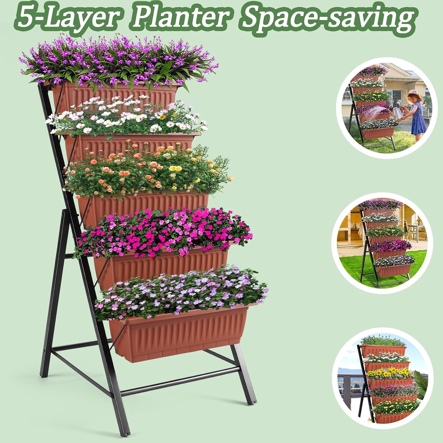 TEANDE Vertical Raised Garden Bed, 5-Tier Elevated Planter Box w/Drainage System & 4 Hooks for Herbs Vegetables