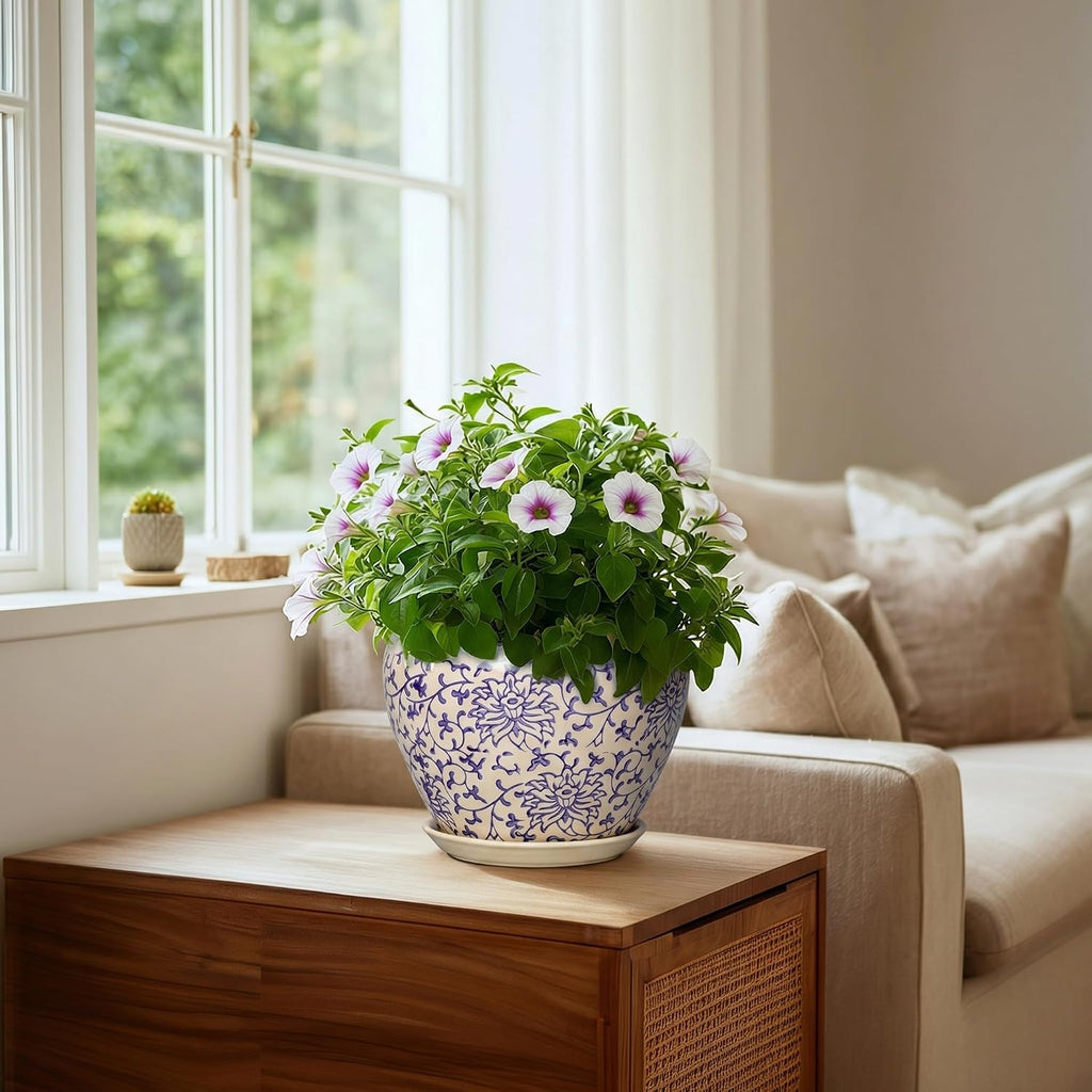 Ceramic Pots for Plants - 8 Inch Plant Pot with Drainage Hole and Saucer, Modern Flower Pots for Indoor Outdoor Plants