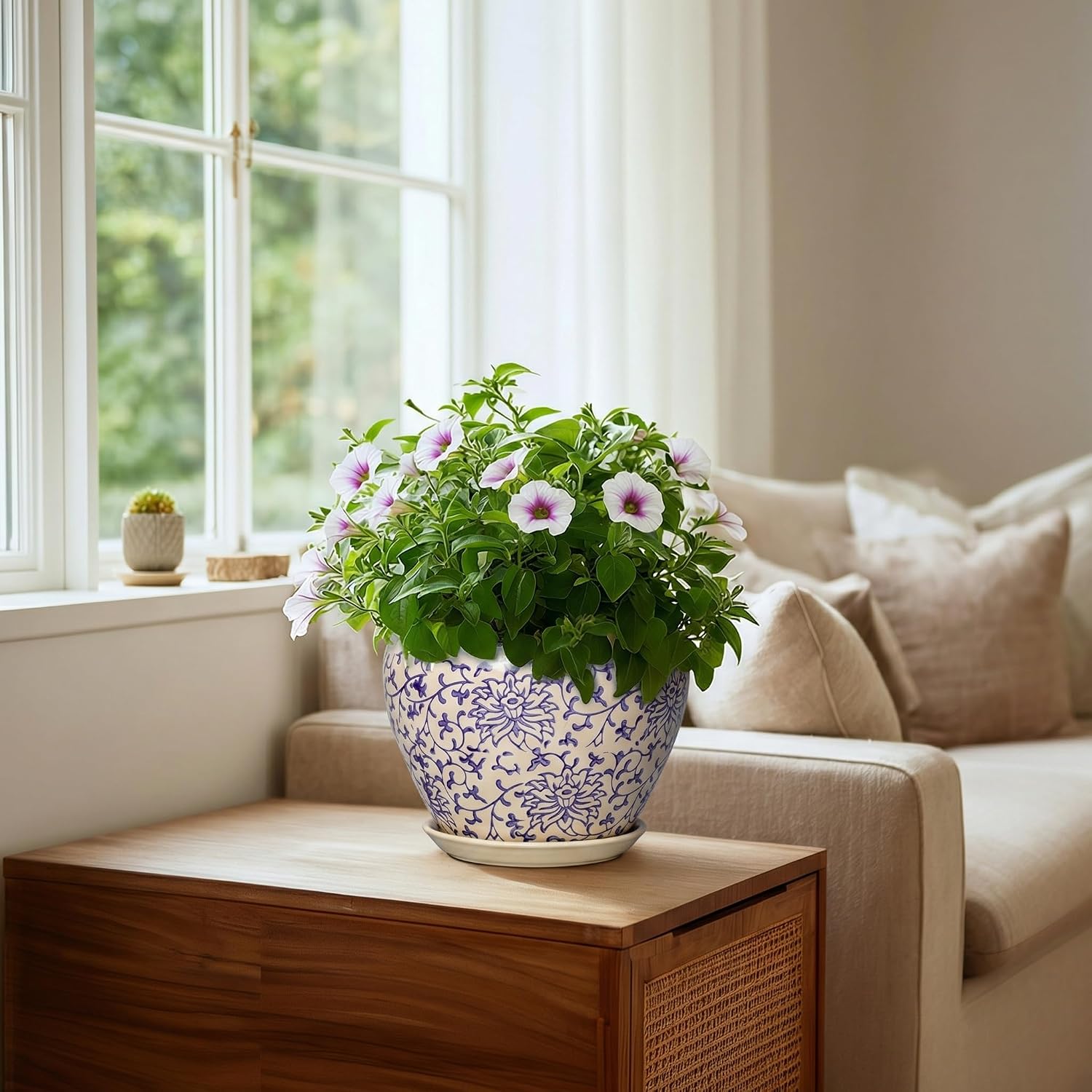 Ceramic Pots for Plants - 8 Inch Plant Pot with Drainage Hole and Saucer, Modern Flower Pots for Indoor Outdoor Plants