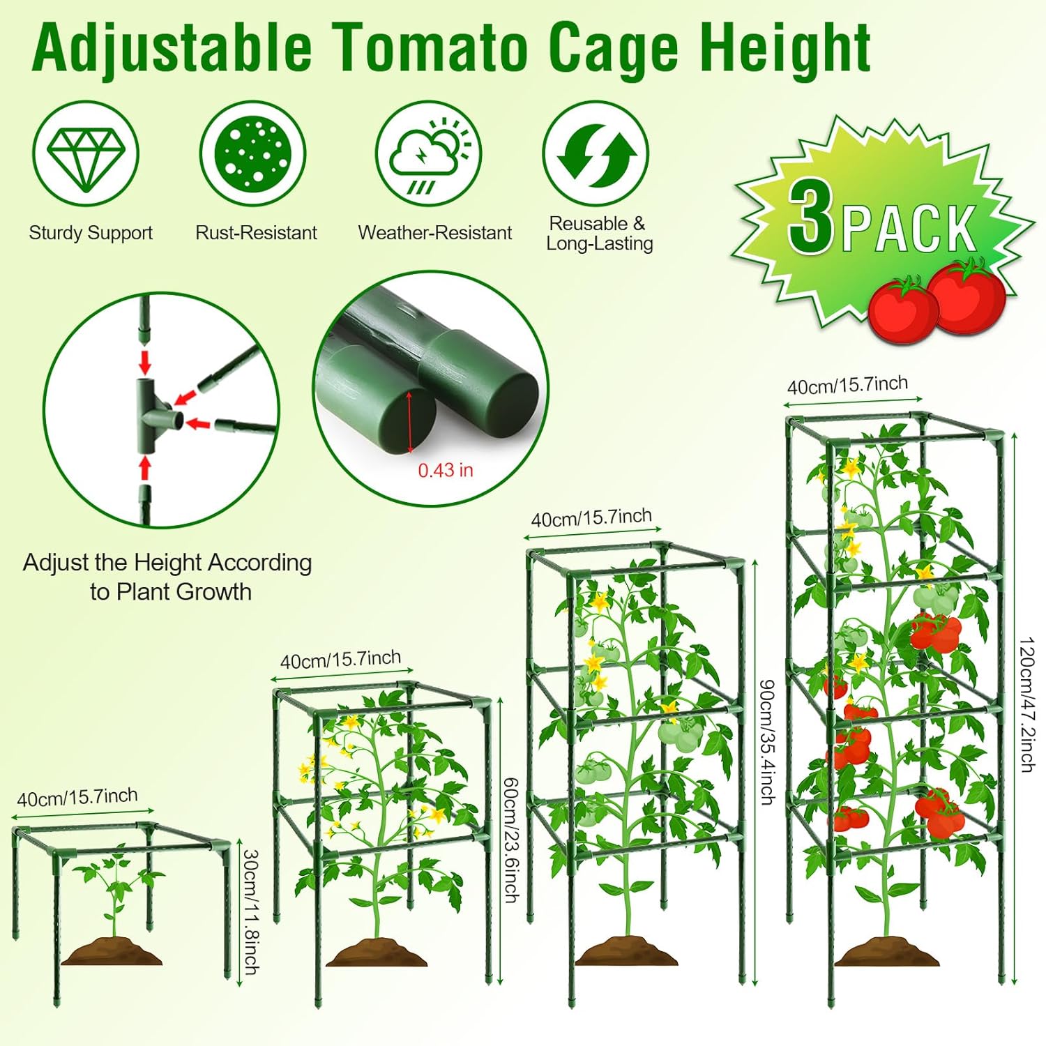 Fabulas Tomato Cage, Square Tomato Trellis Plant Support Stake Cages for Garden and Pots Tall Up to 63 Inch Adjustable