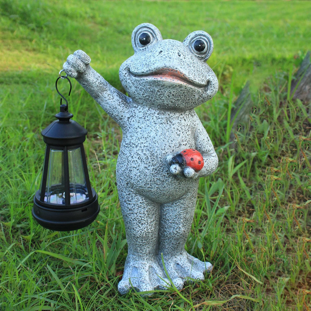 Solar Frog Garden Statue, Resin Figurine with Ladybug & Hanging Solar Lantern Outdoor Decor