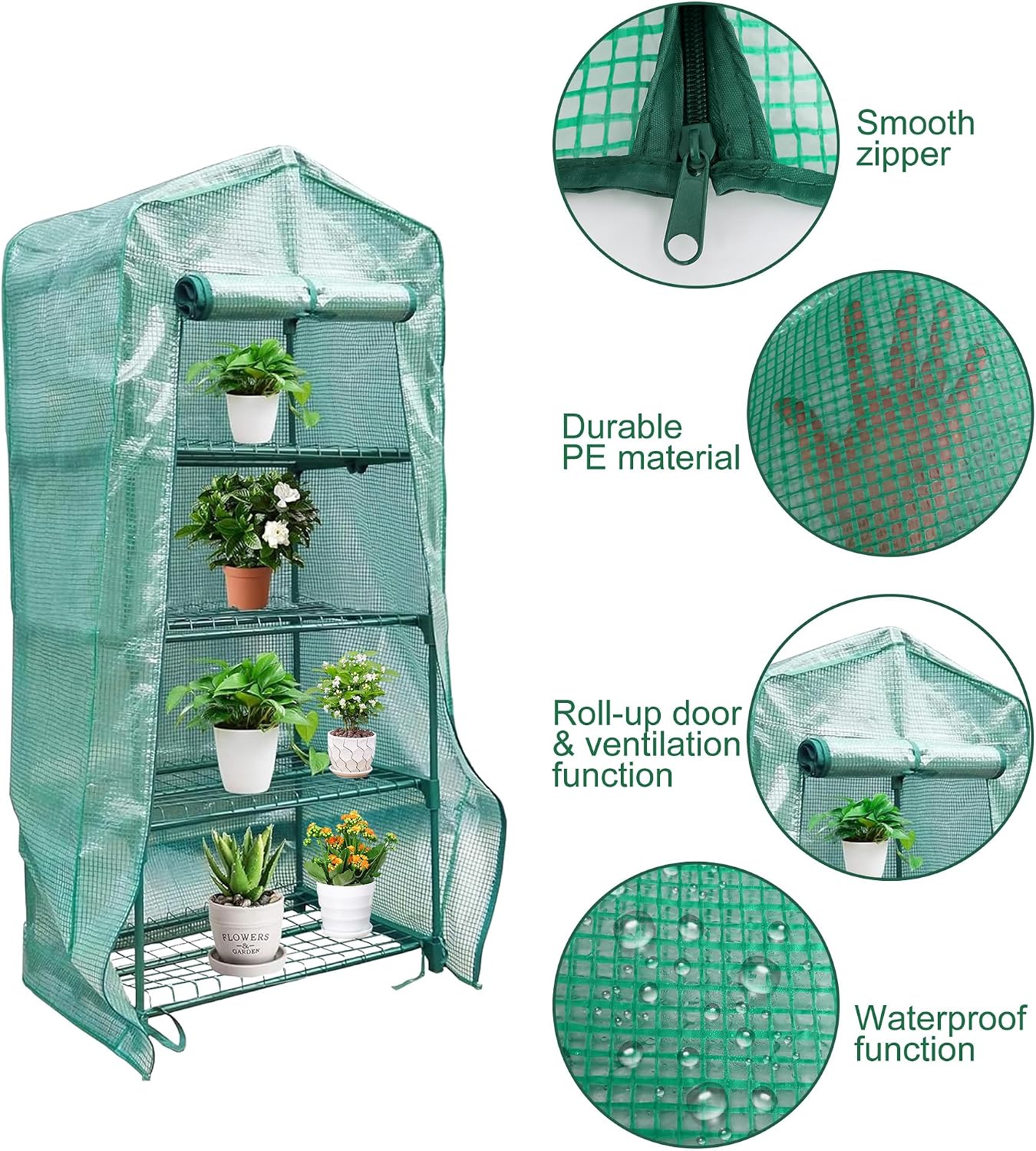 4 Tier Greenhouse Replacement Cover with Roll-Up Zipper Door | PE Plant Greenhouse Cover for Indoor Outdoors Gardening