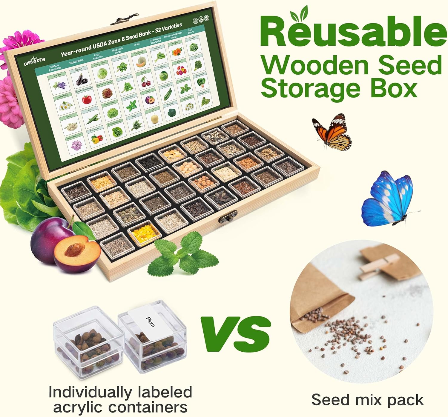 Zone 8 Heirloom Seed Bank, 32 Types Non-GMO Seeds for Planting Vegetables | 30,000+ Garden Seeds for Planting Herbs