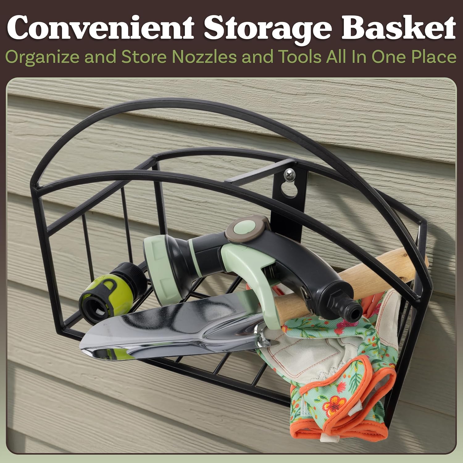 Garden Hose Holder Wall Mount with Storage Basket - Rust-Resistant Steel Outdoor Water Hose Hanger Hook for 100ft of