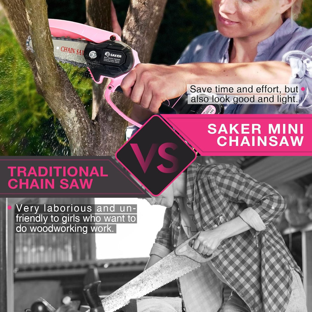 Saker Mini Chainsaw Cordless Pink,2PCS Batteries and 3 PCS Chains | Portable Electric Mini Chainsaw Cordless,Handheld