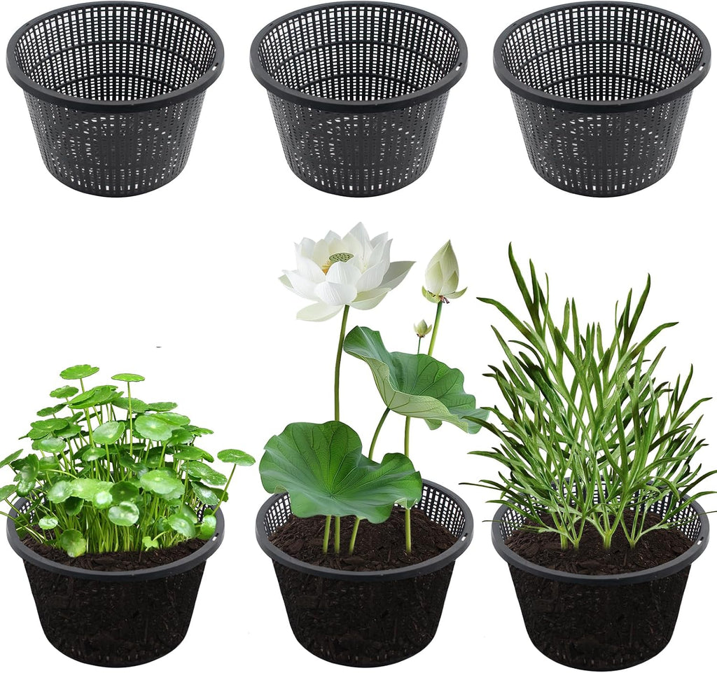 SnowTing 6 PCS 8.3'' Round Hydroponic Baskets, Large Black Plastic Aquatic Plant Mesh Net Pot, Pond Slotted Baskets