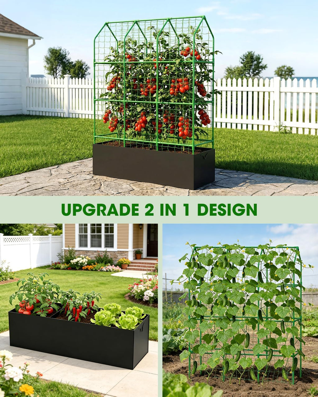 65" Cucumber Planter with Trellis for Climbing Plants Outdoor, Metal Garden Trellis for Raised Bed, Plant Support