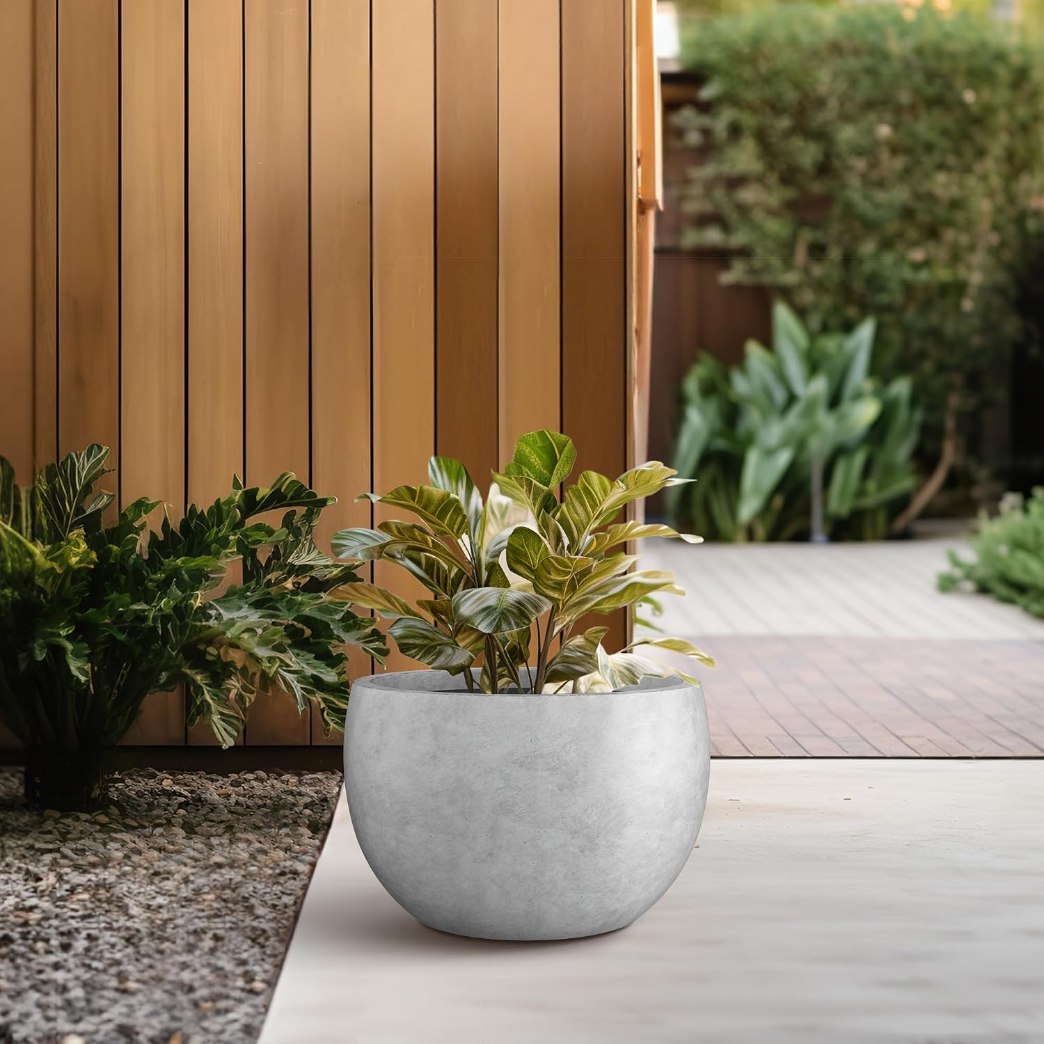 Kante Small Round Bowl Pale Gray Concrete Planter 11.8" Dia, Outdoor | Rubber Plug for Indoor, Drainage for Garden