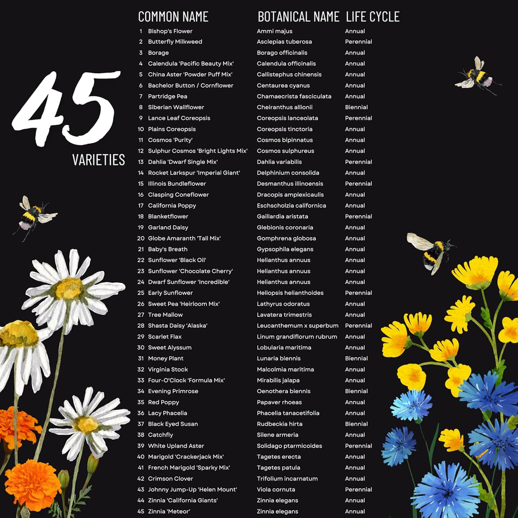 Package of 100,000 Wildflower Seeds - Save The Bees Wild Flower Seeds Collection - 45 Varieties of Pure Non-GMO Flower