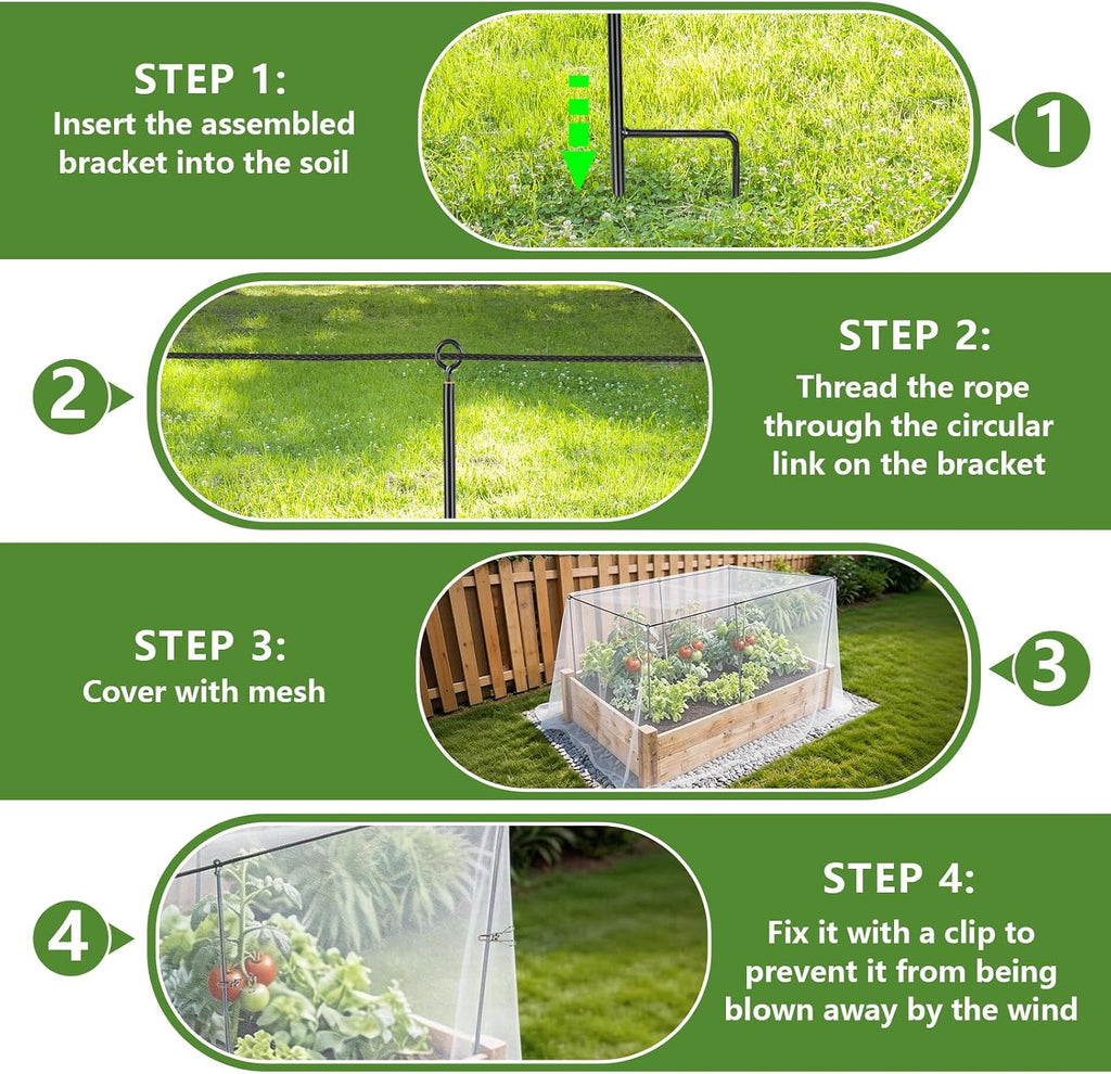 Metal Garden Netting Kit for Raised Beds 10x13FT 100-Mesh Fine Netting with 6 Sets 2.6FT Metal Stakes and Ropes Insect