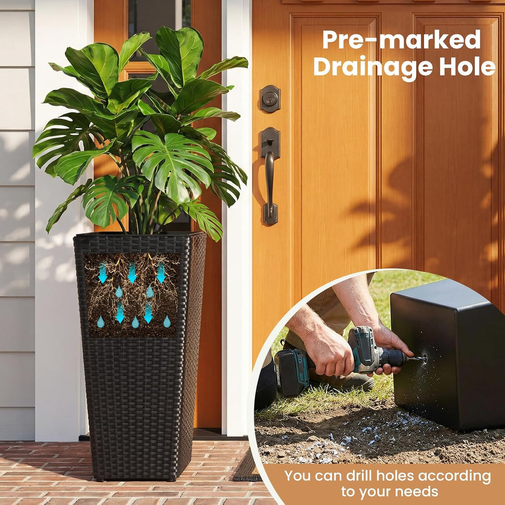 HAPPYGRILL 24" Tall Rattan Plant Pots Set of 2 with Adjustable Foot Pads | Outdoor Taper Planter w/Detachable Inner