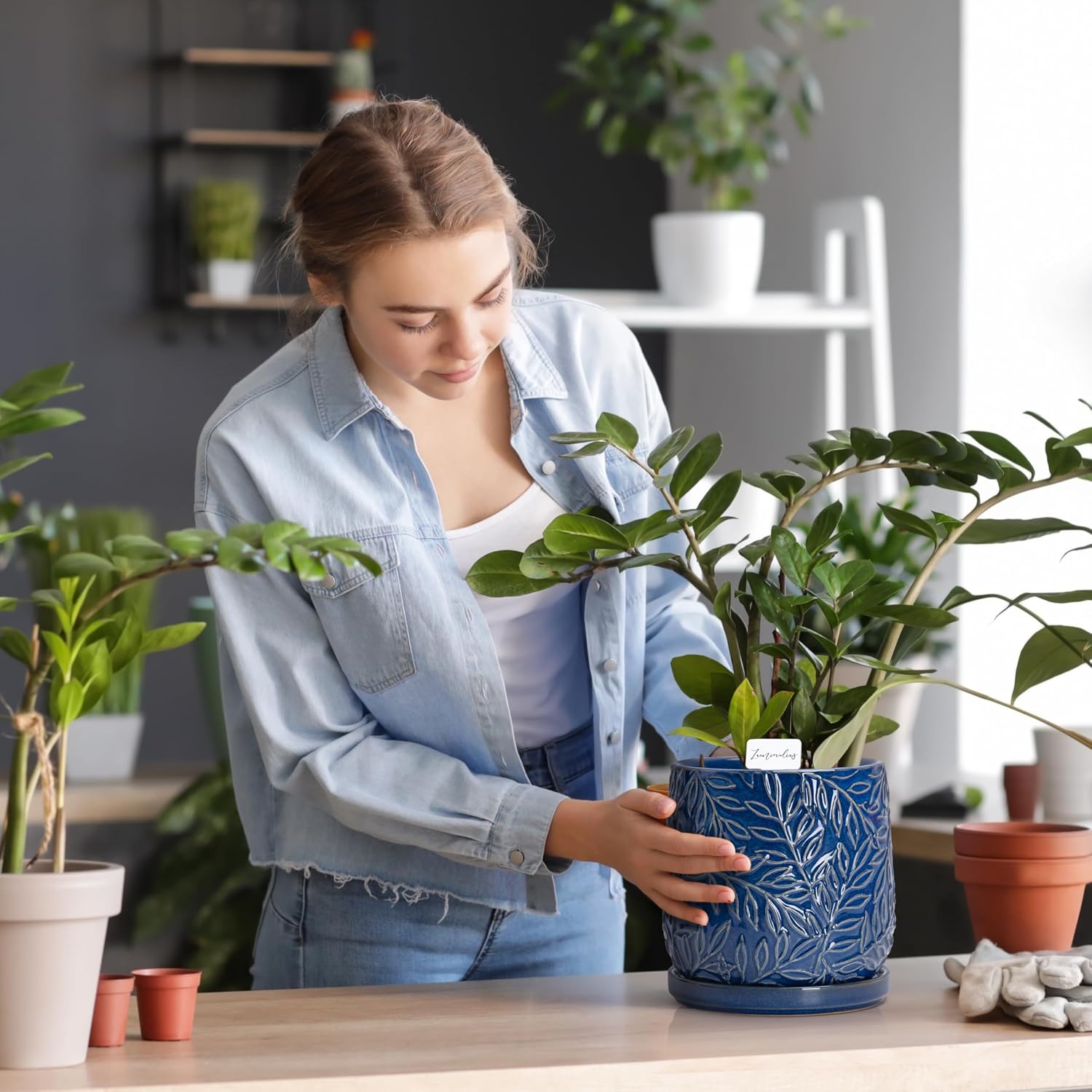 D'vine Dev Embossed Leaves Ceramic Planter, 6 in, Midnight Blue, 27-A-X-3 | Nature-Inspired Leaf Pattern, Handcrafted