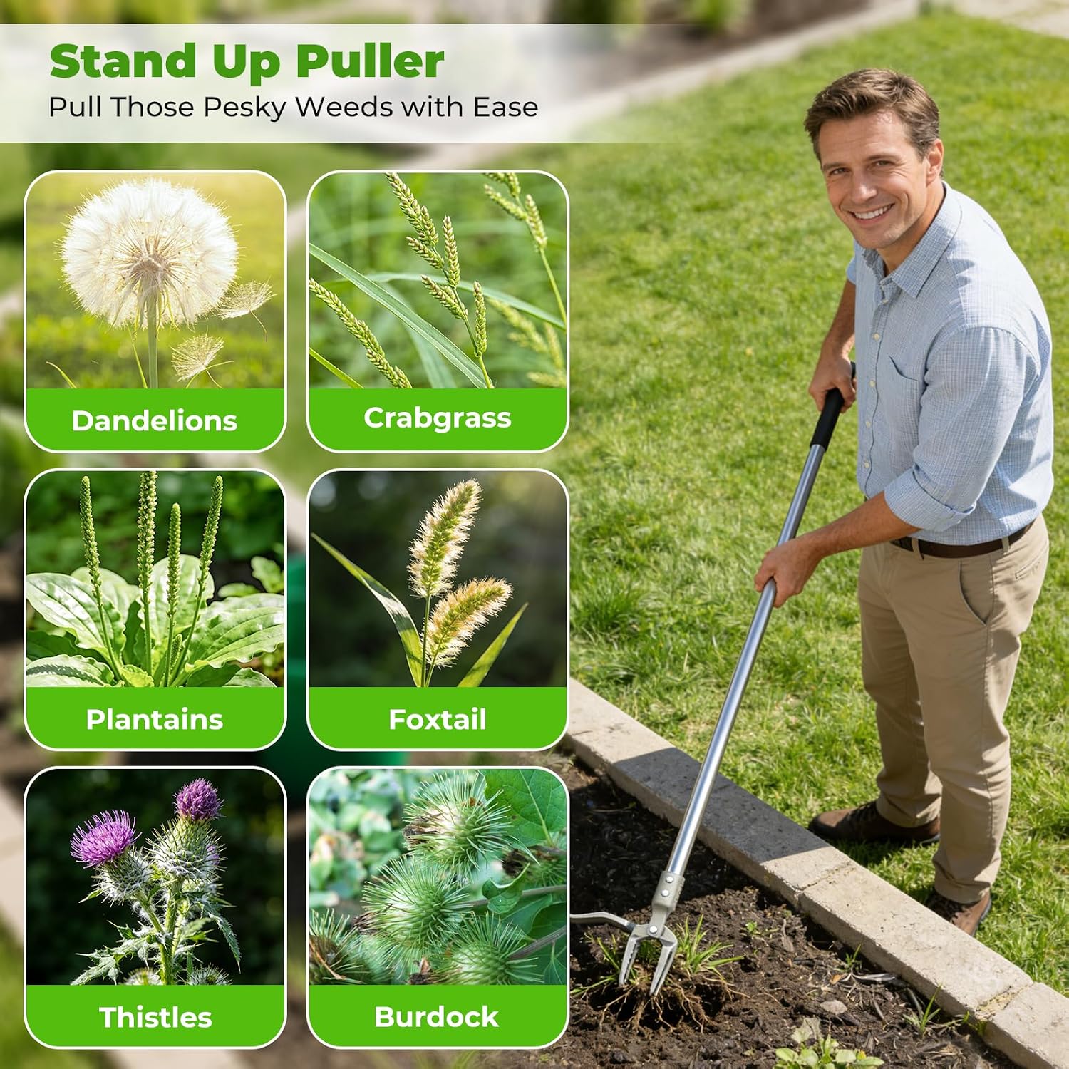 One-Piece Stand Up Weed Puller Tool with Long Handle, 47" Assembleless Stainless Steel Garden Weeder Dandelion Root