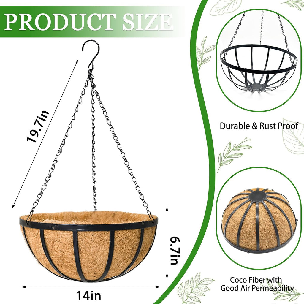 Hanging Planters for Outdoor Plants 4 Pack 14 inch Metal Hanging Flower Basket with Coco Coir Liner Wire Plant Holder