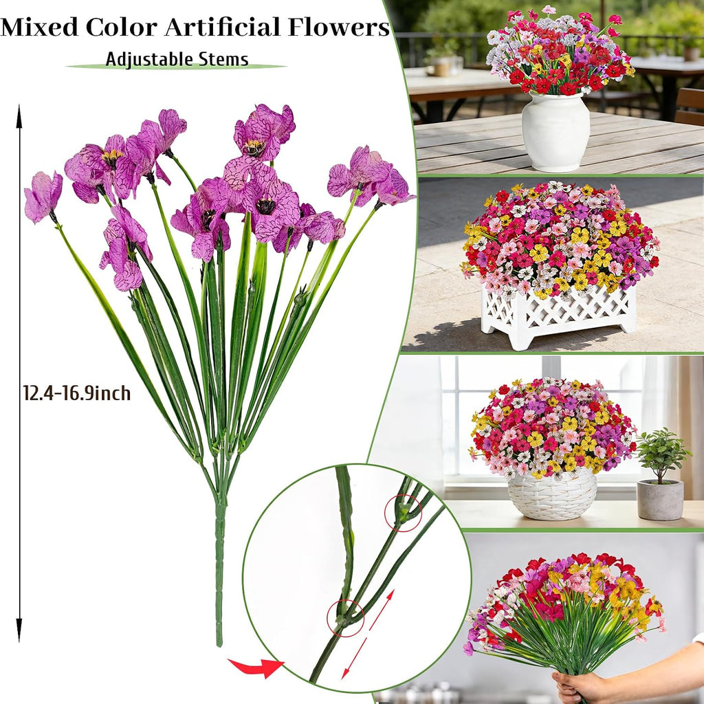 Artificial Flowers for Outdoors, 72 Bundles UV Resistant Faux Flowers No Fade Fake Plastic Plants for Outside Indoor