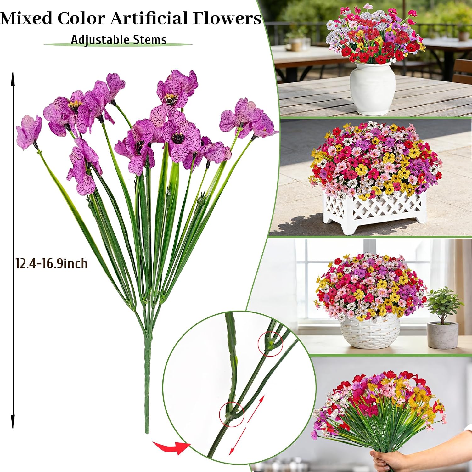 Artificial Flowers for Outdoors, 72 Bundles UV Resistant Faux Flowers No Fade Fake Plastic Plants for Outside Indoor