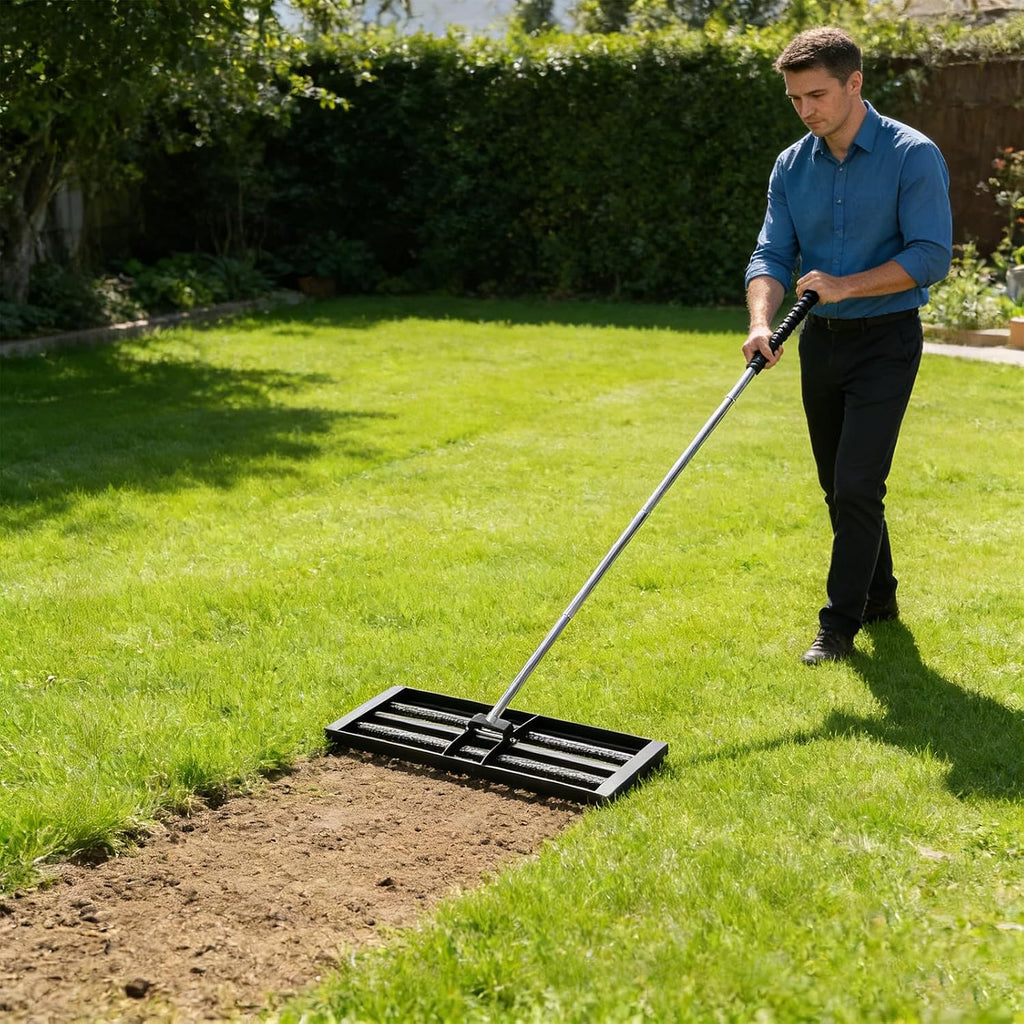 Updated Lawn Leveling Rake 17"×10" with 2 Steel Rollers, 6.5ft Handle | Effort-Saving Lawn Leveler, Yard Leveling Rake