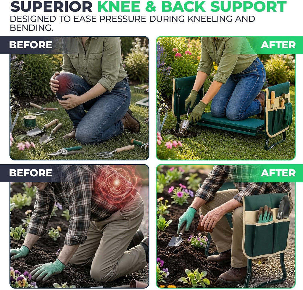 Flora Foldable Garden Kneeler and Seat – Heavy Duty Gardening Bench with Extra-Wide Soft Pad & 2 Tool Pouches – Durable
