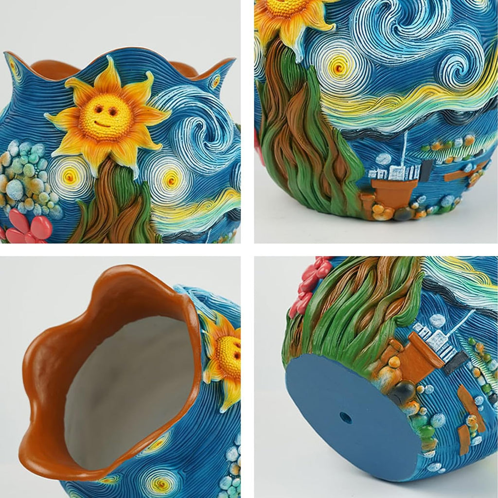 Starry Night Theme Flower Pots Colorful Art Planter Pots for Indoor Plant Cute Unique Resin Flower Pot with Drainage