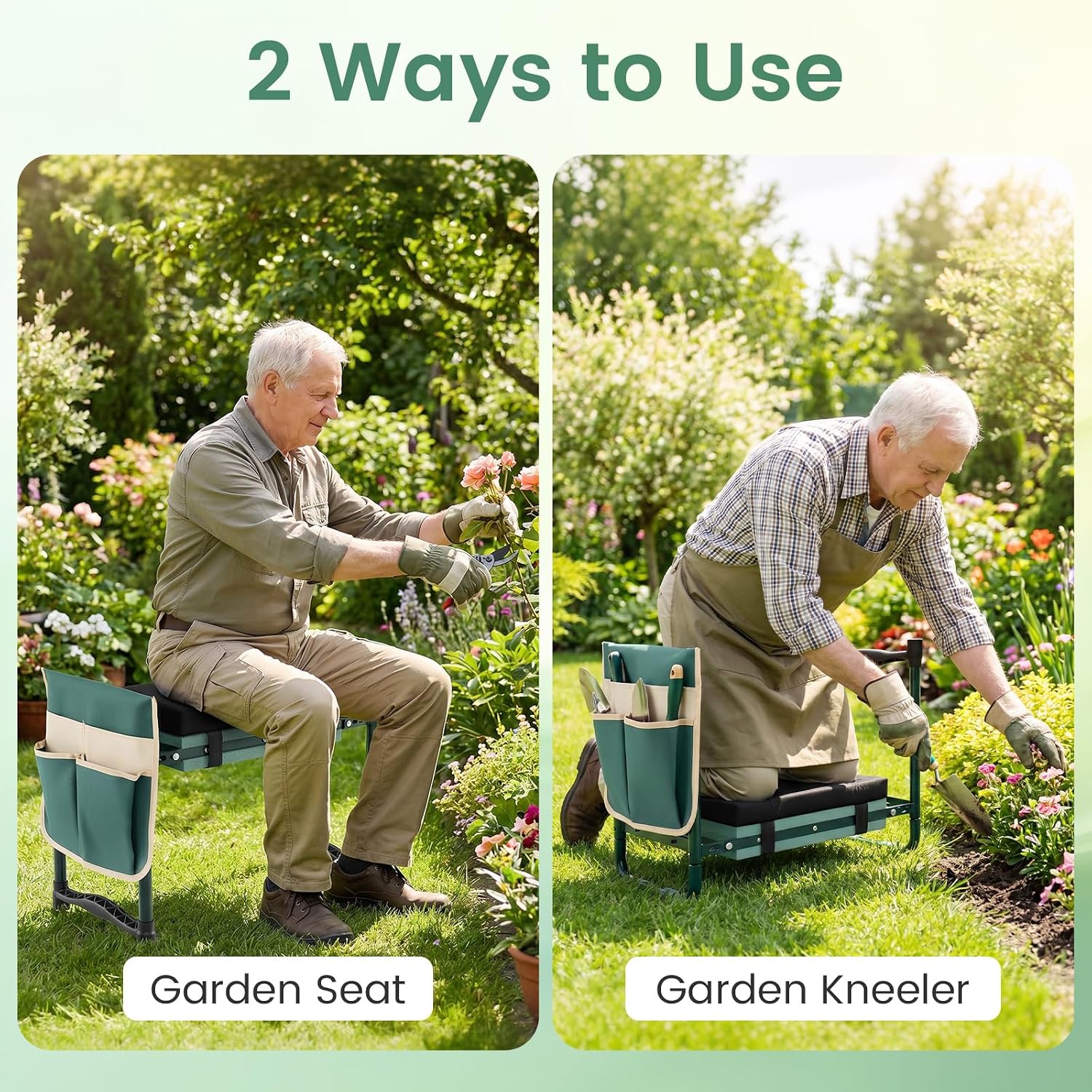 2-in-1 Garden Kneeler and Seat, Folding Garden Seat w/EVA Foam Kneeling Pad & Removable Tools Pouch, Sturdy Steel