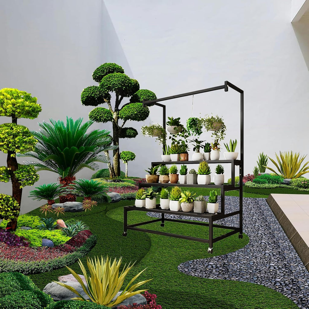 4 Tier with Hanging Tall Plant pot shelf, with Rollers (BLACK, 39IN) | L39*W24.4*H67in Large Metal Plant Stand, Heavy
