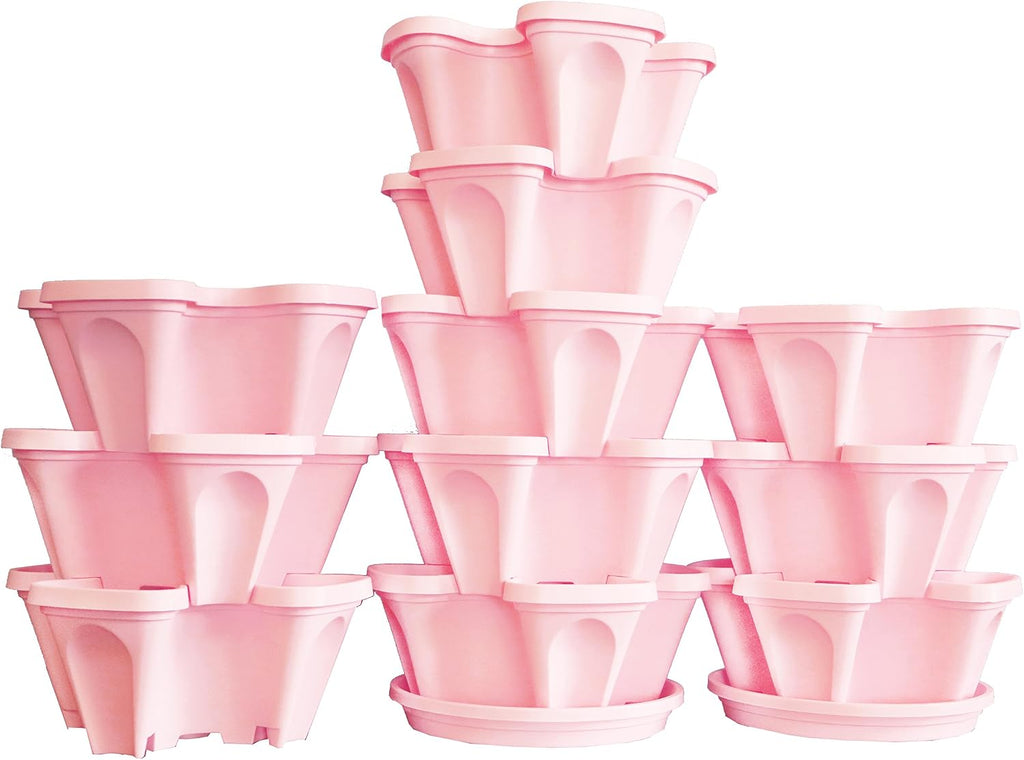 Mr. Stacky 5-Tier Pink Strawberry and Herb Garden Planter - Stackable Gardening Pots with 10 Inch Saucer