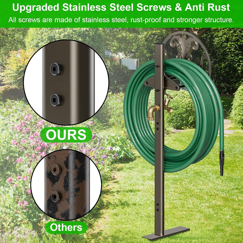 GOFORWILD Hose Stand with Brass Faucet, Holds 150 ft 5/8-in Hose | Detachable Heavy Duty Water Hose Holder