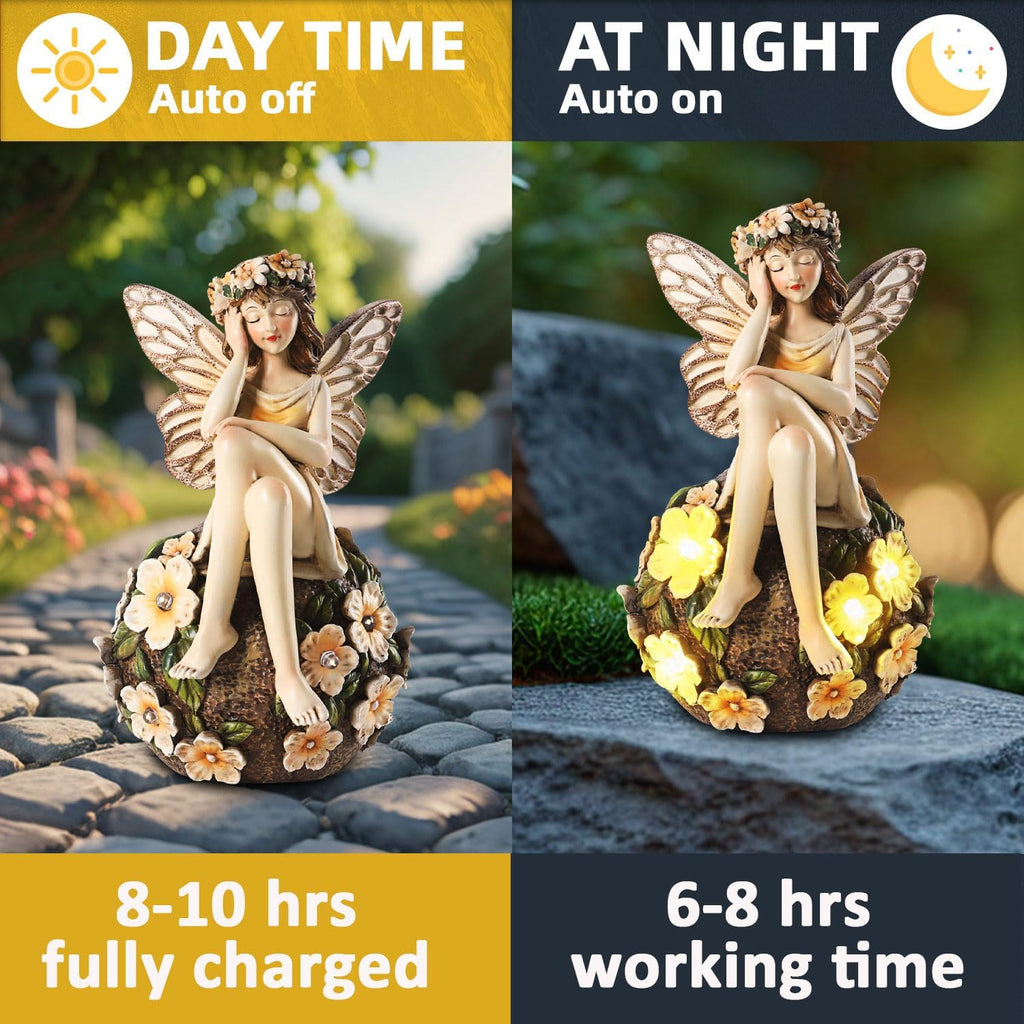 Solar Fairy Statue Sitting on the Flower Ball Light 6.8"Angel Statues | for Garden Yard Patio Porch Lawn Decor Resin