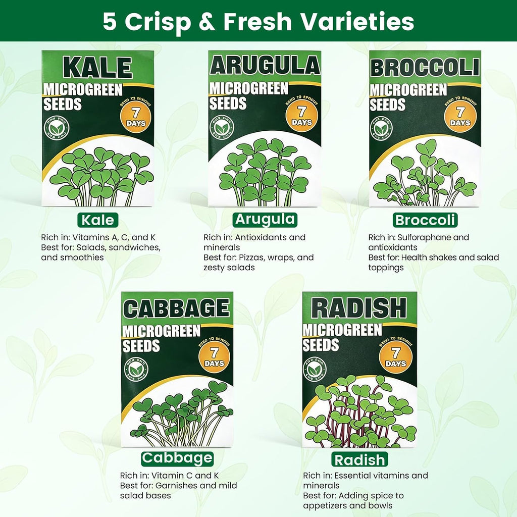 Microgreens Growing Kit Indoor Garden - Complete Micro Greens Growing Kits with 5 Seed Packs - Grow Broccoli, Arugula