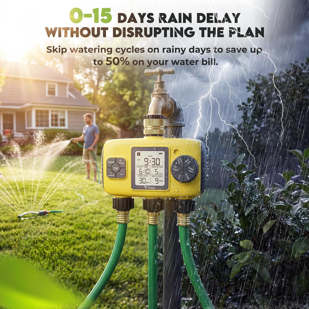 3 Zone Sprinkler Timer for Garden Hose, Brass Inlet Yard Irrigation | Programmable Auto & Manual Water Timer with LCD