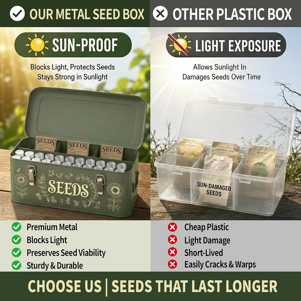 Metal Seed Storage Organizer, 4 Compartment Locking Seed Saving Box | Includes 30 Bottles & Envelopes, Dark Green