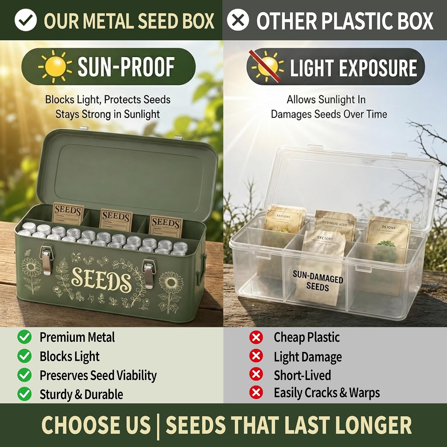 Metal Seed Storage Organizer, 4 Compartment Locking Seed Saving Box | Includes 30 Bottles & Envelopes, Dark Green