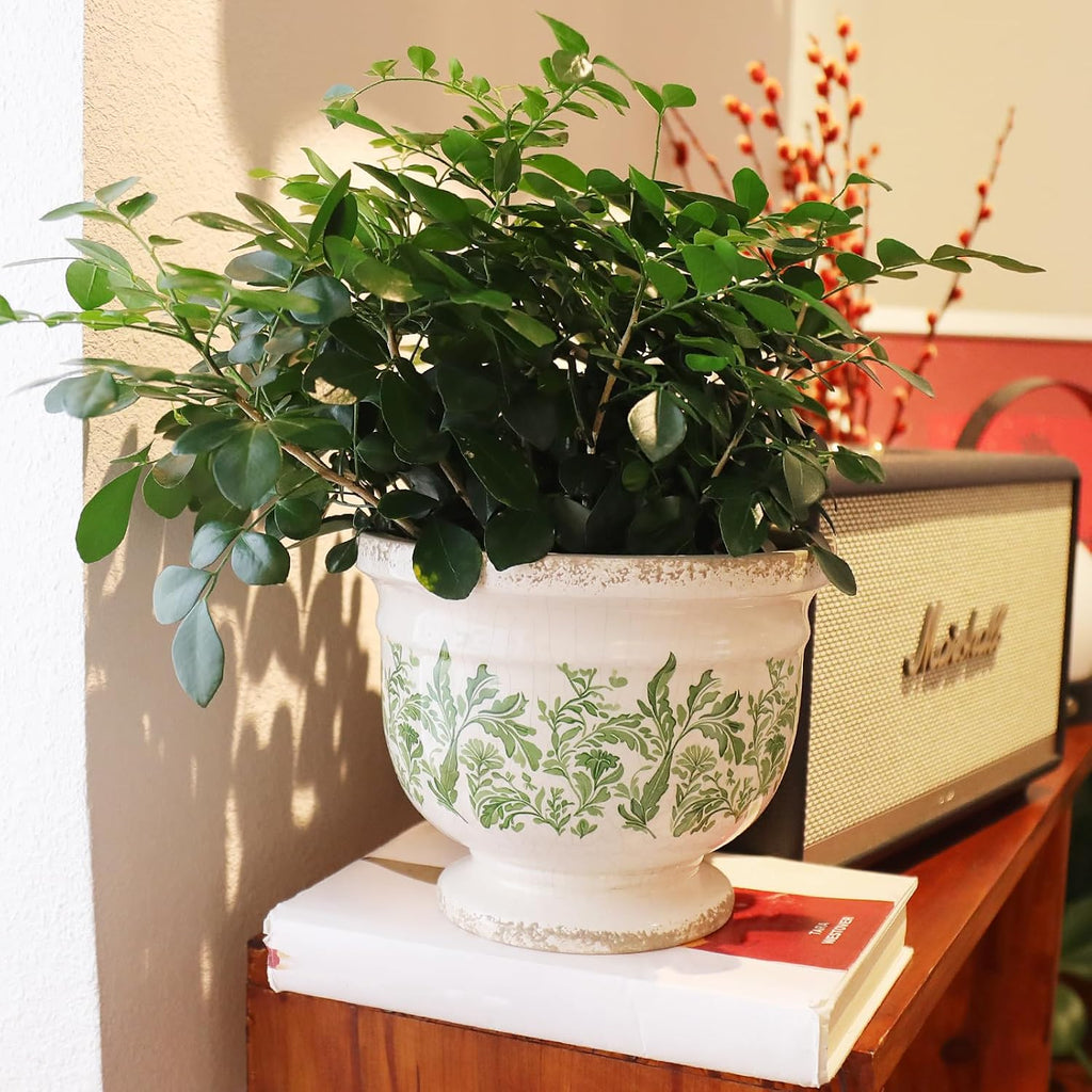 Vintage Ceramic Planter Pot with Drainage, 6.8 Inch Large Crackle Glaze Flower Pot with Green Floral Leaf Pattern for