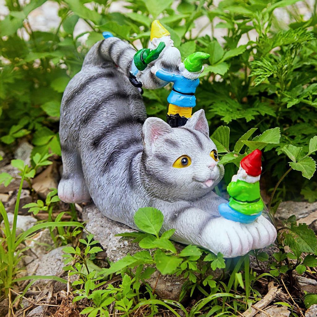 Adorable Cat with Gnomes Garden Statue,Hand-Painted Resin Outdoor Decor | for Patio & Lawn, Unique Gift for Cat Lovers