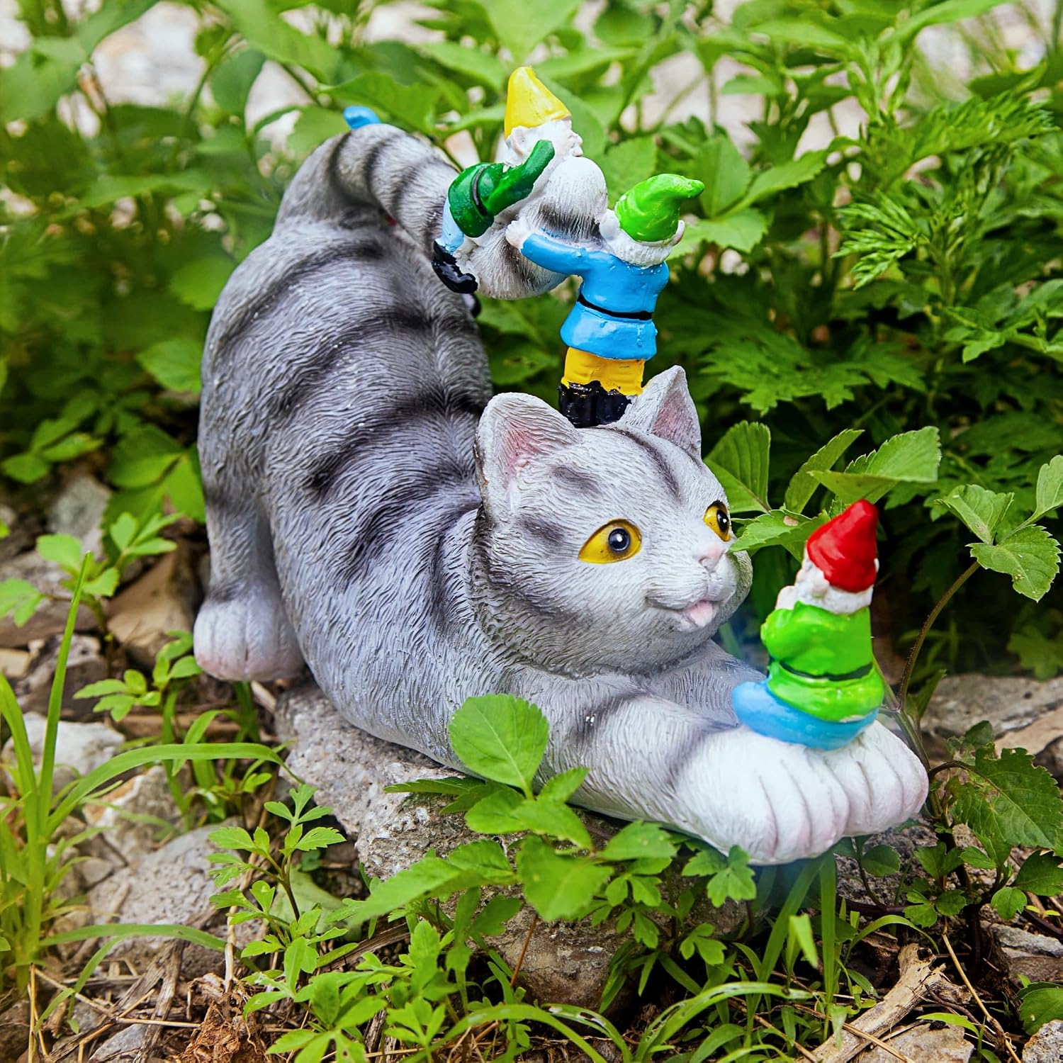Adorable Cat with Gnomes Garden Statue,Hand-Painted Resin Outdoor Decor | for Patio & Lawn, Unique Gift for Cat Lovers