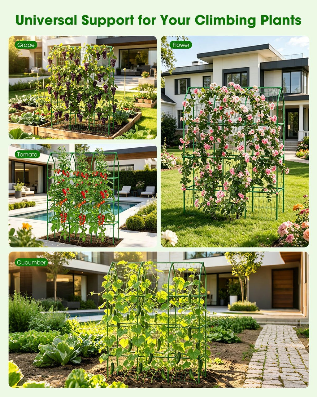 65" Cucumber Trellis for Climbing Plants Outdoor, Metal Garden Trellis for Raised Bed, Plant Support Structures with