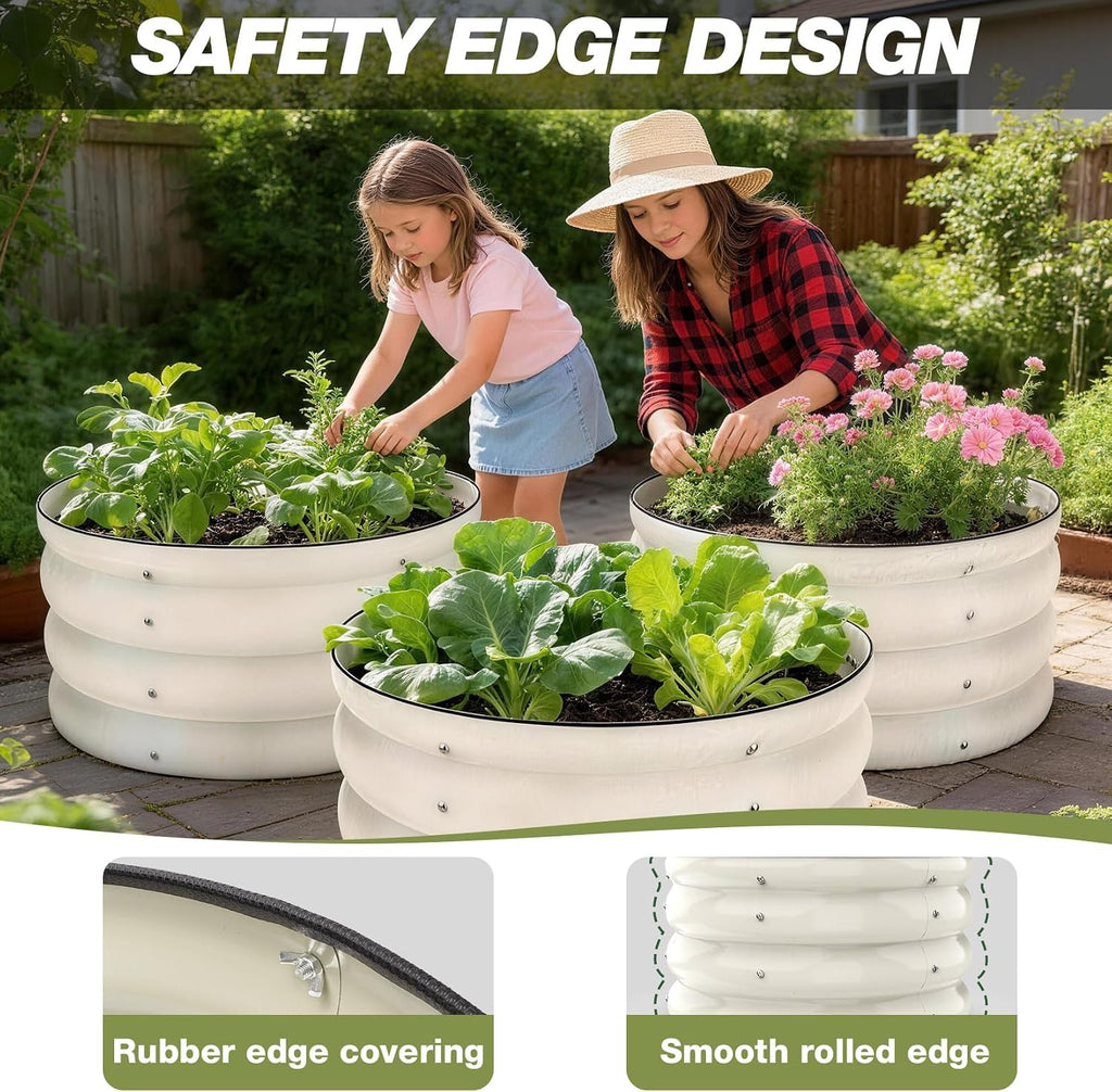 SHALL 3PCs Galvanized Raised Garden Bed Kit, 2x2x1ft Round Planter Boxes Outdoor W/Mini Seed Spreader, Disk Seeder, 2X
