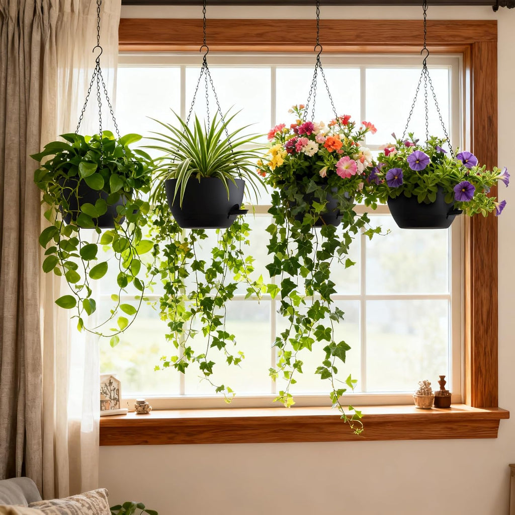 UOUZ 4 Pack 8 Inch Self Watering Hanging Planters for Indoor Outdoor Plants，Hanging Pots for Plants with Drainage