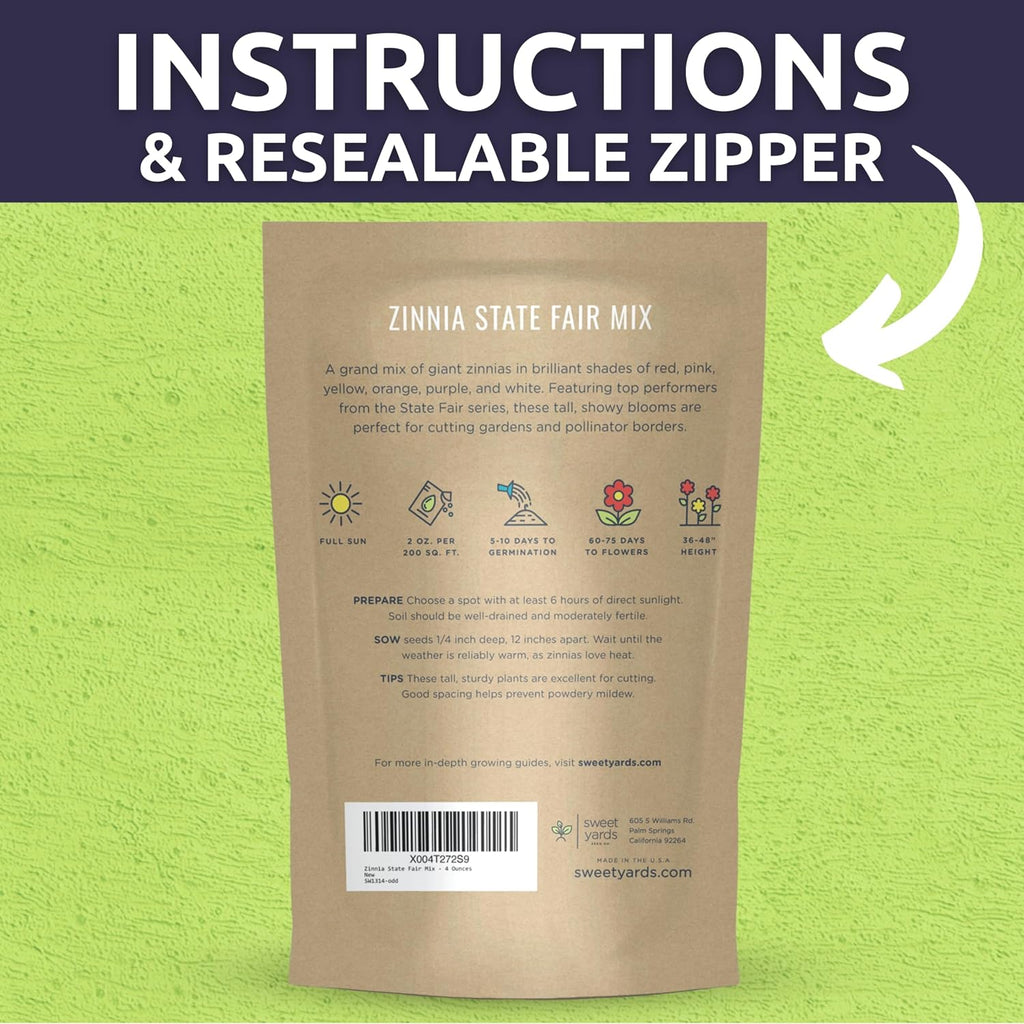 Zinnia State Fair Mix – Large 2 Ounces Seed Packet – 4,000 Flower Seeds for Planting