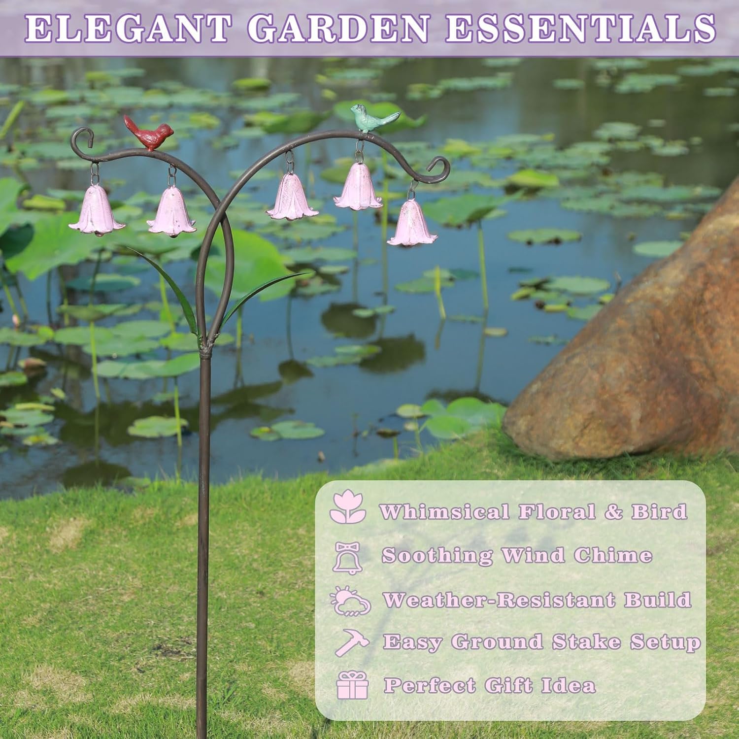 45.5"H Decorative Garden Stakes with Bells,Metal Flowers for Outside | Garden Art for Patio,Lawn, Pathway & Flower Bed