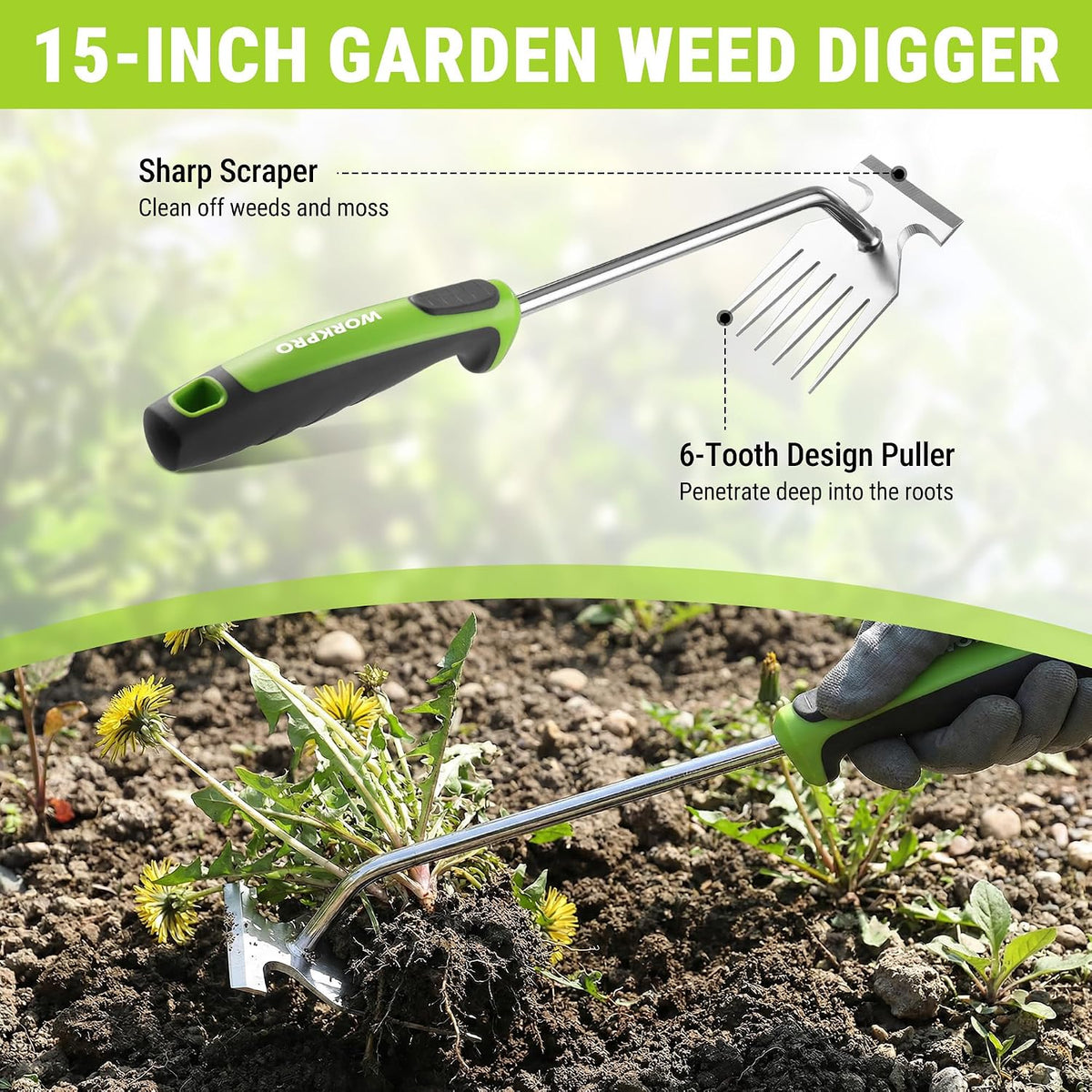 WORKPRO 3-Piece Weed Puller Tool Set | 15" 6-Tine Weed Remover, 12" Hand Weeder, 12.5" Crack Weeder, Stainless Steel