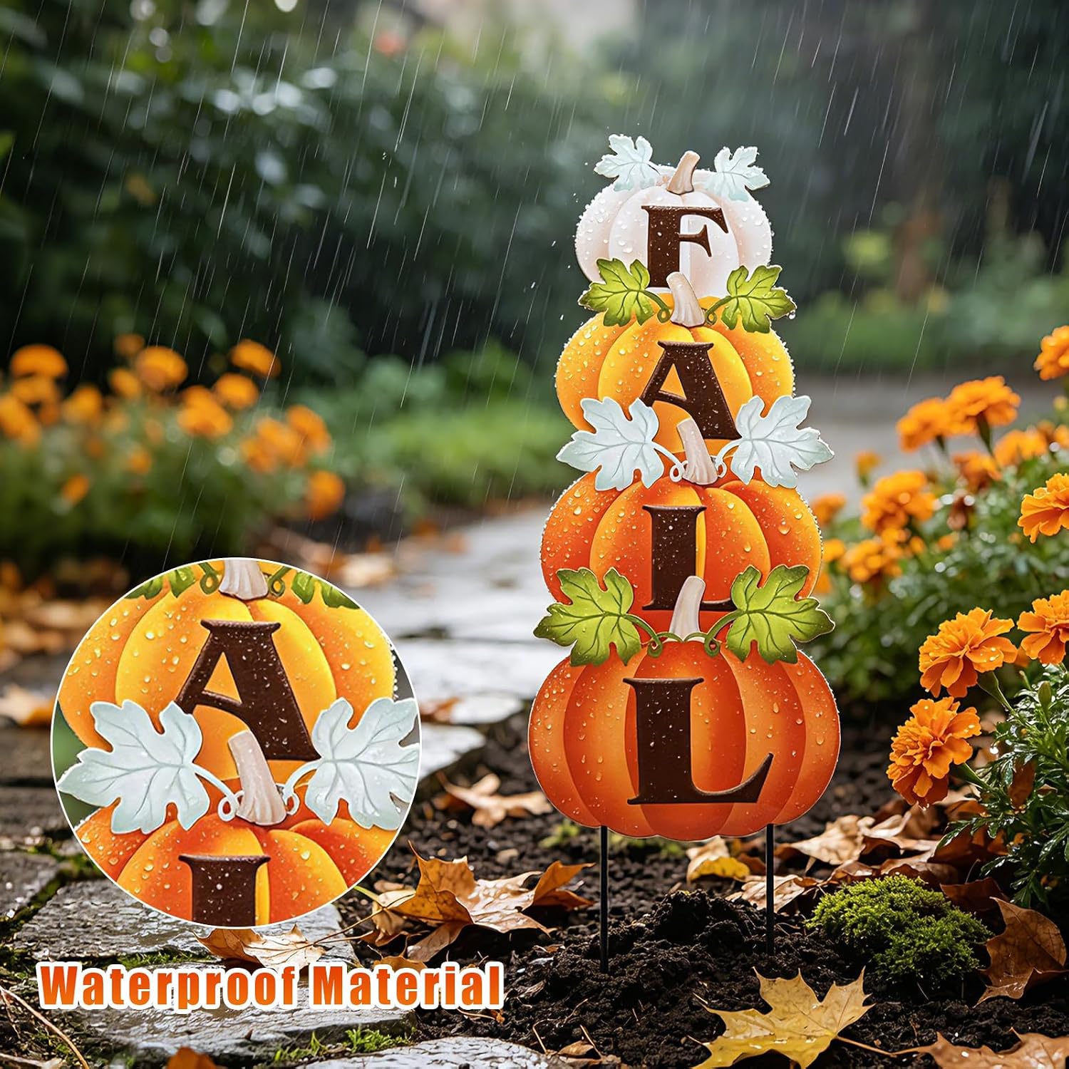 Fall Outdoor Pumpkin Stake Set of 4, Thanksgiving Garden Decor | 35.6'' Metal Garden Stakes, Autumn Harvest Pumpkin