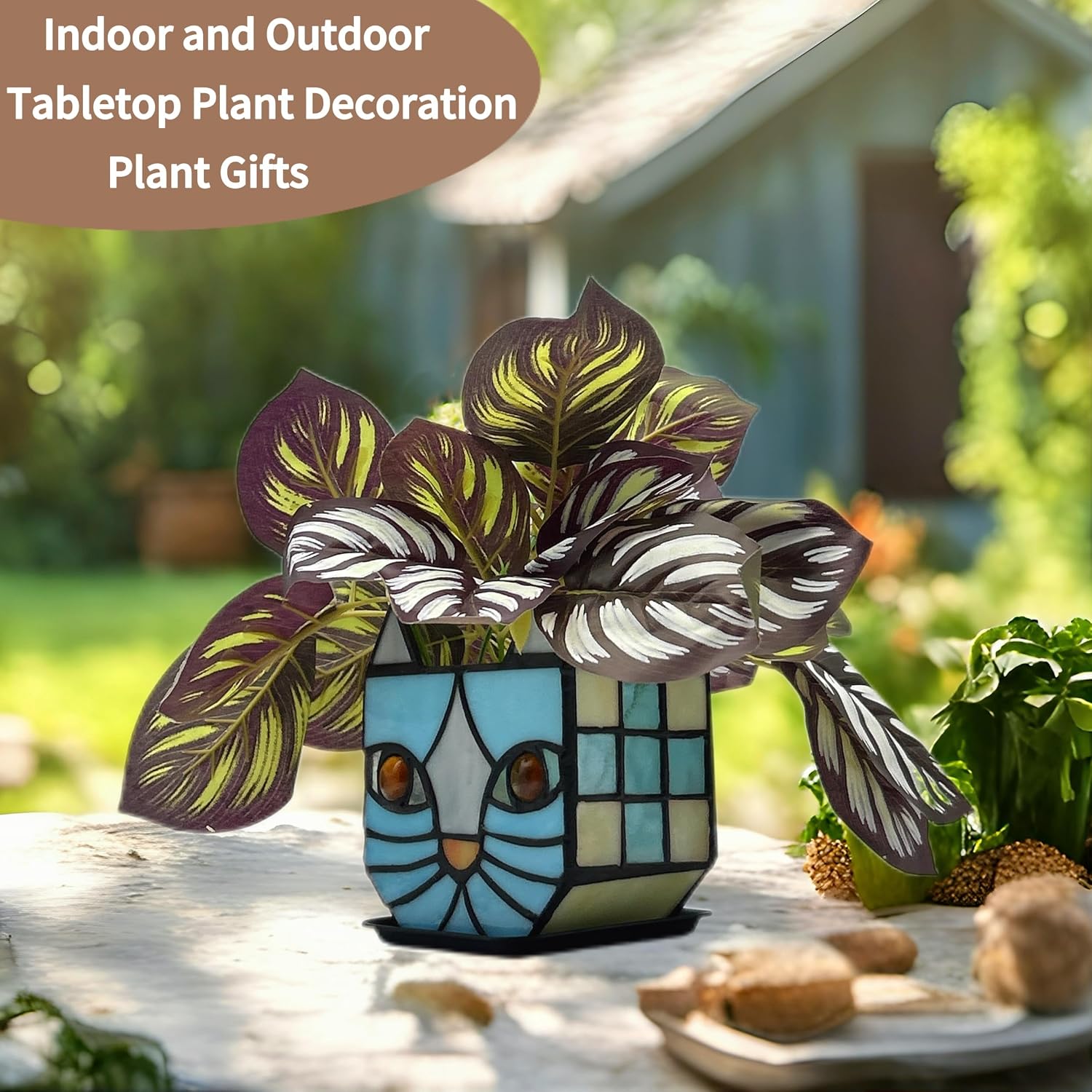 Stained Glass Blue Cat Planter,Plant pots with Drainage Holes, Plant Flower Pot for Houseplants and Succulents,Cute